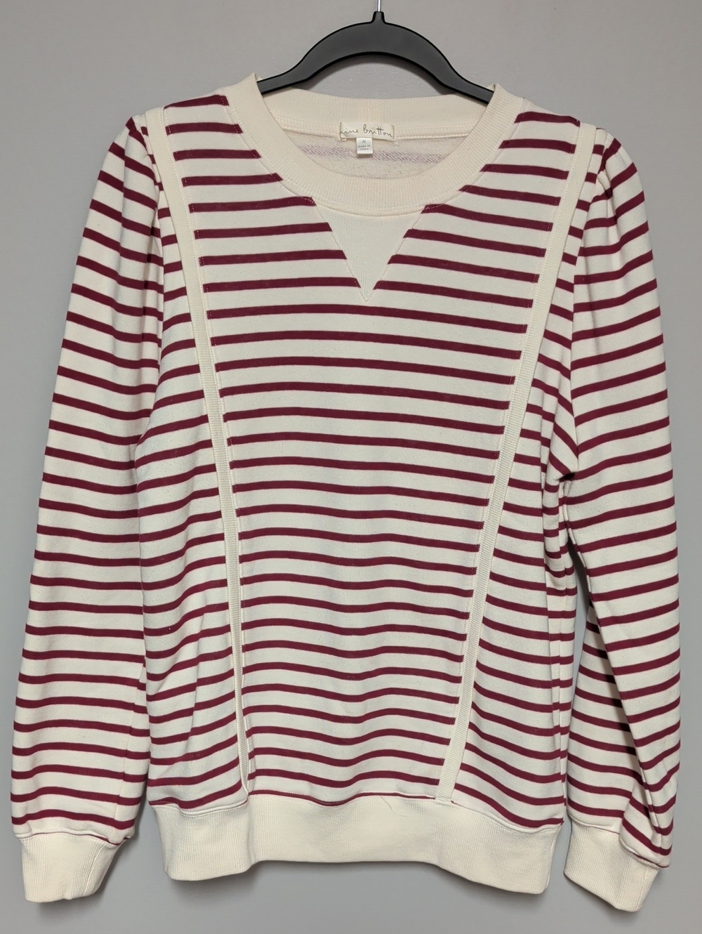 nine britton Cream and Burgundy Striped Crewneck Sweater